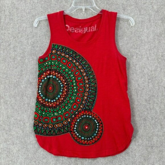 Desigual‎ Tank Top SMALL Artsy Sleeveless Vacation Resort wear Red Bling - Picture 1 of 11
